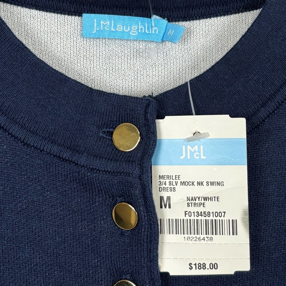 J. McLaughlin Dress Women M Navy White Stripe Merilee 3/4 Sleeve Mock Neck Swing - Picture 9 of 14